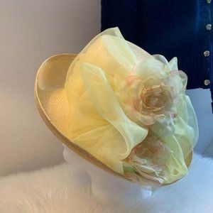 Women Yellow  Hat Southern Church Lady Derby Vintage Floral Brim Straw Chiffon